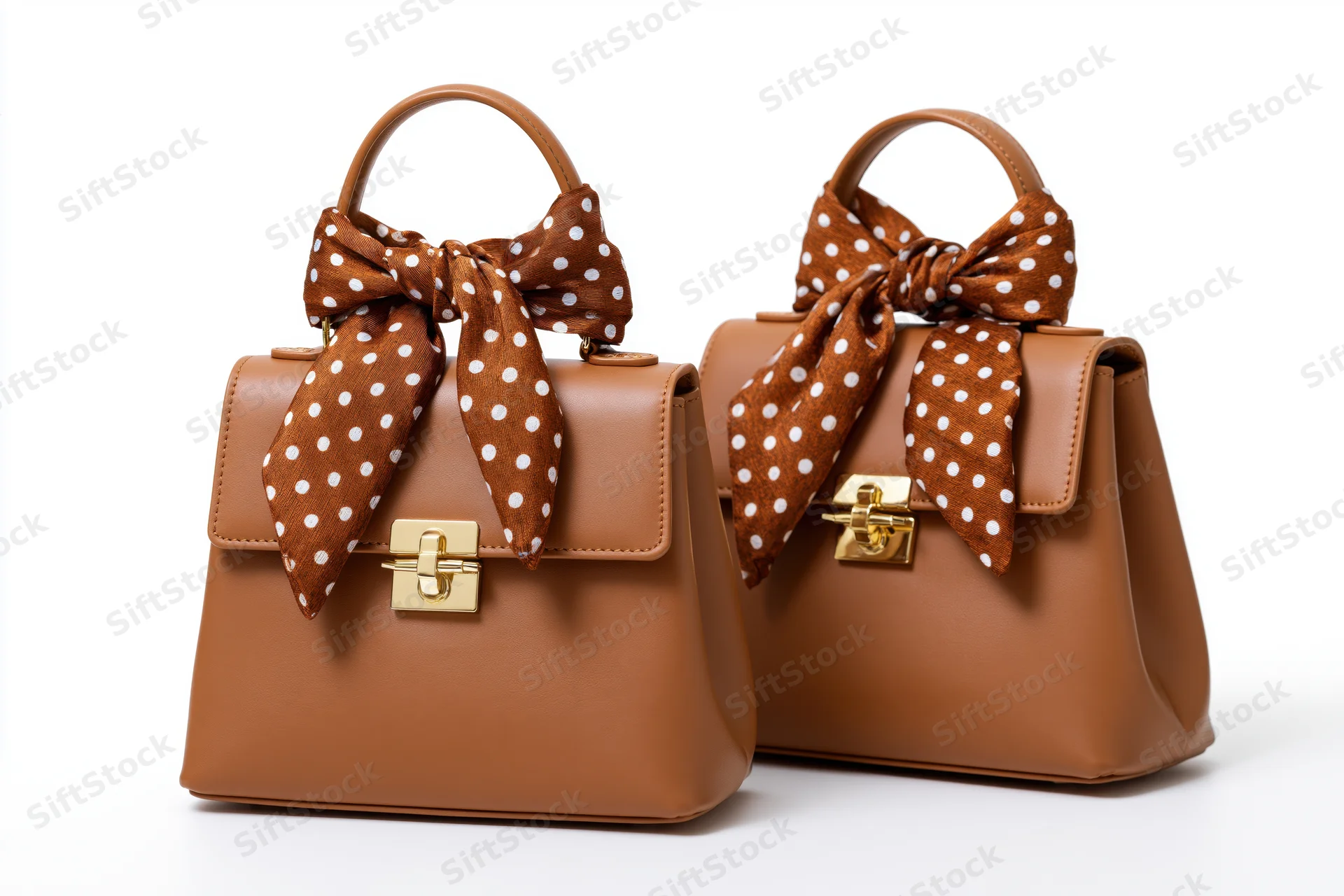 Two tan leather structured handbags with polka dot bows and gold clasps displayed side by side on white background
