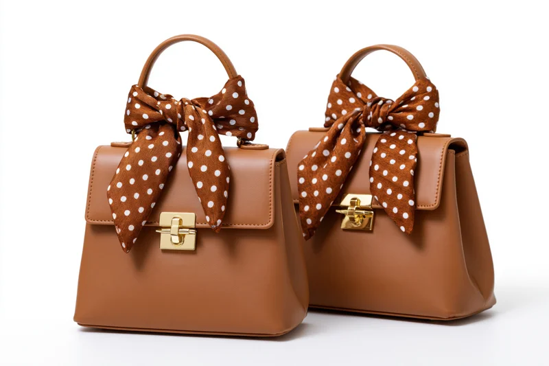 Two tan leather structured handbags with polka dot bows and gold clasps displayed side by side on white background