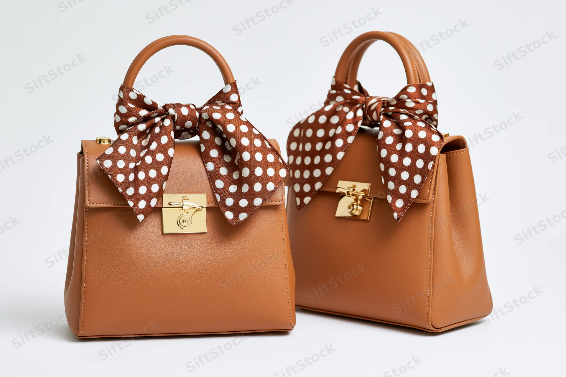 Two tan leather structured handbags with polka dot bows and gold clasps displayed side by side on white background