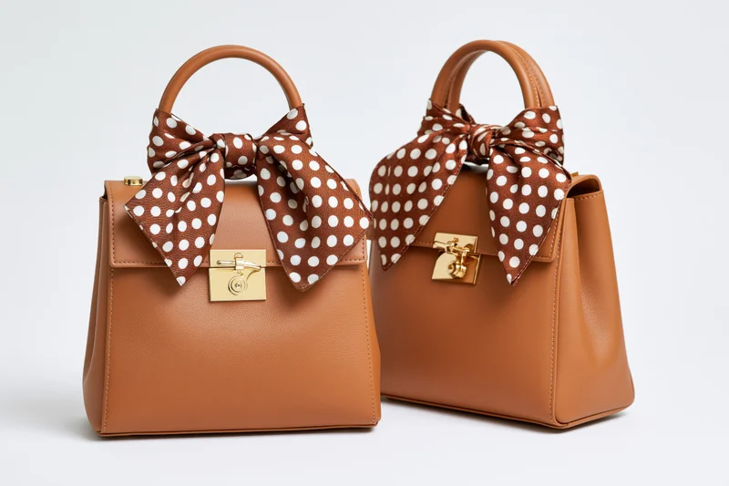 Two tan leather structured handbags with polka dot bows and gold clasps displayed side by side on white background