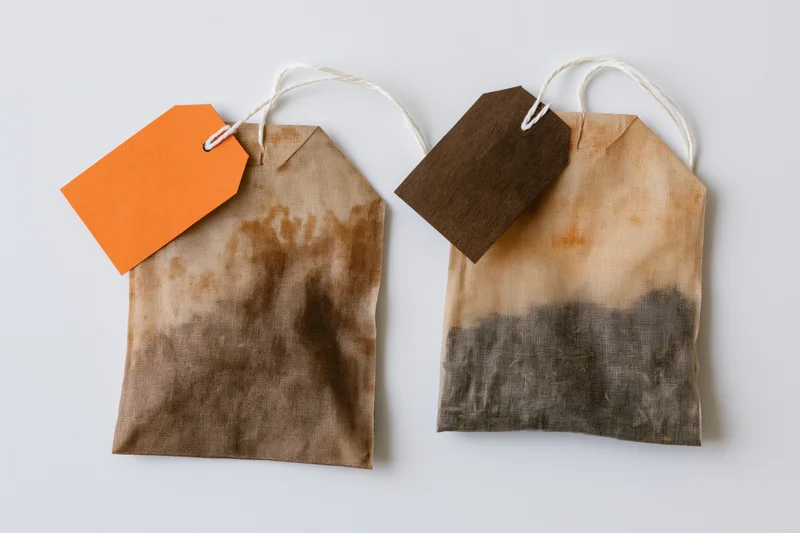 Two unused tea bags with paper tags laid flat side by side