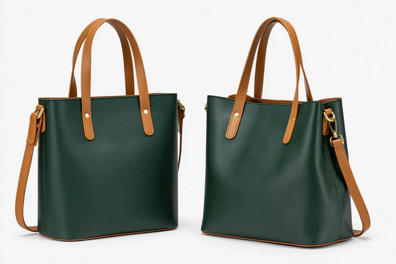 Two views of a structured dark green leather tote bag with brown straps and gold hardware on white background