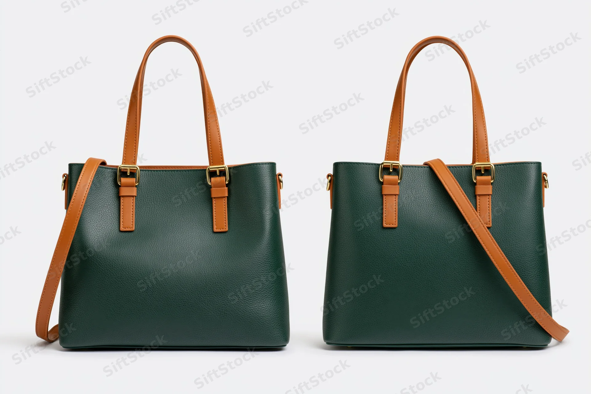 Two views of a structured dark green leather tote bag with tan straps and gold buckles on white background