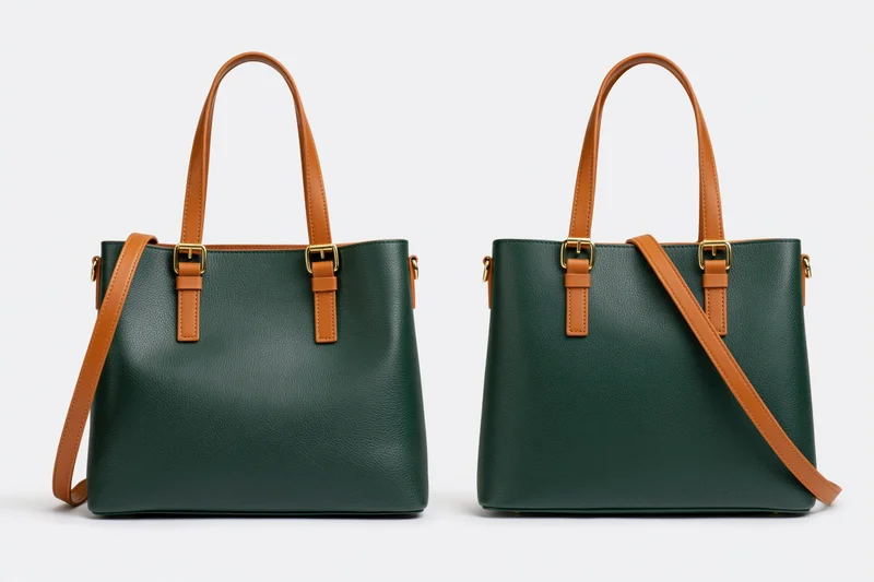 Two views of a structured dark green leather tote bag with tan straps and gold buckles on white background