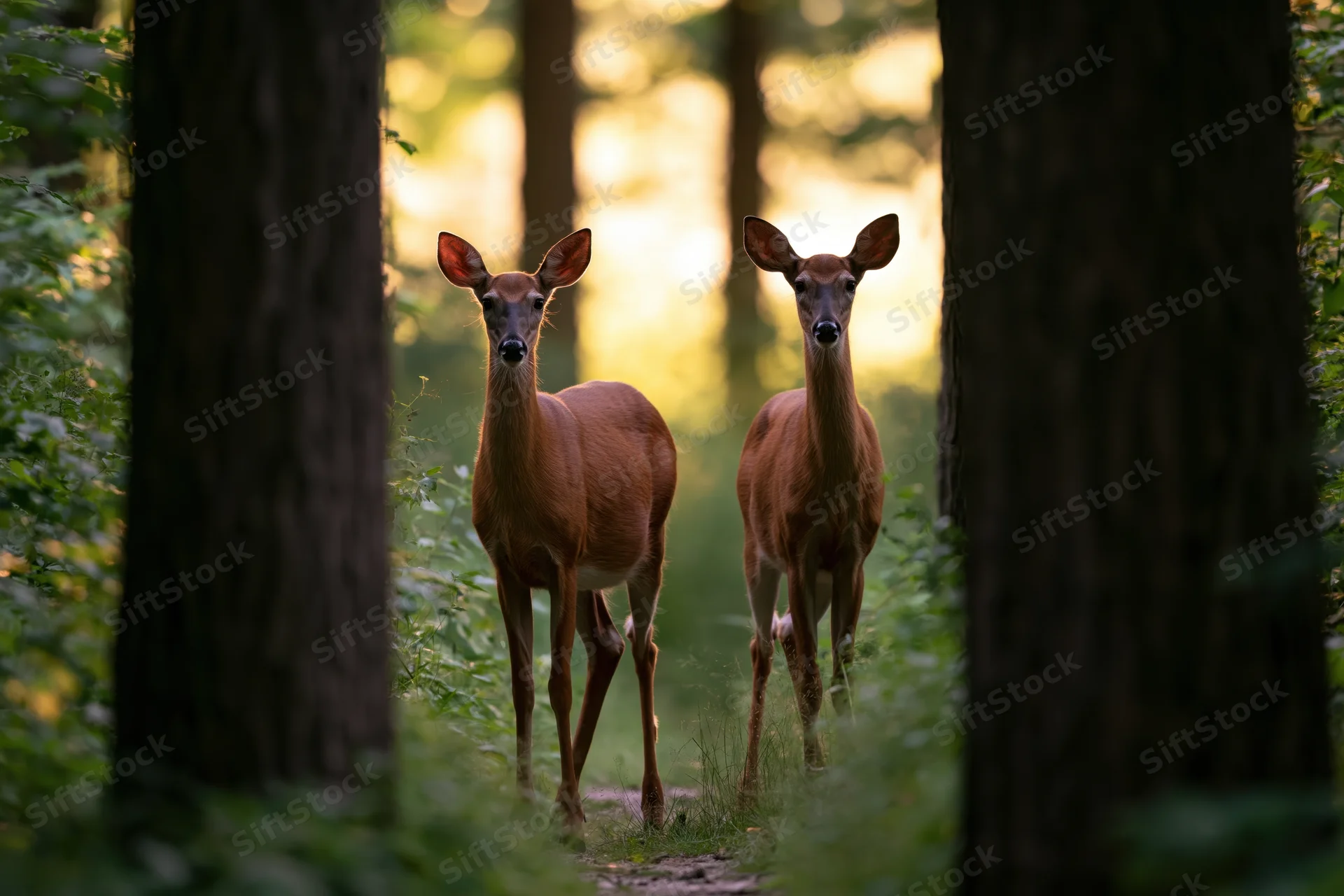 Two white-tailed deer standing alert on a forest path between trees