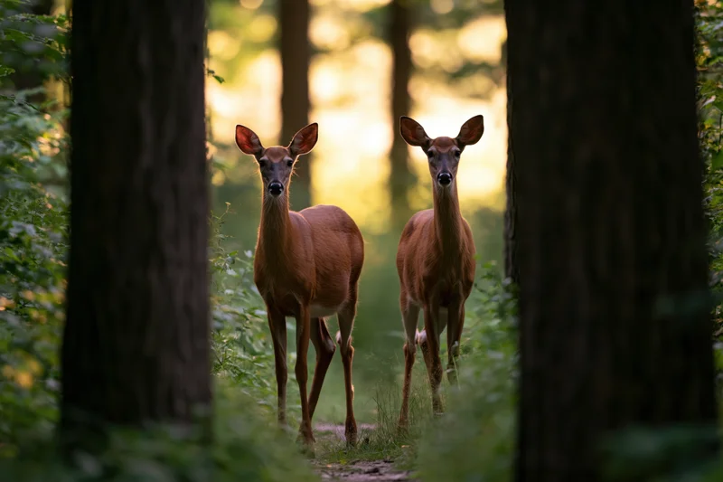 Two white-tailed deer standing alert on a forest path between trees