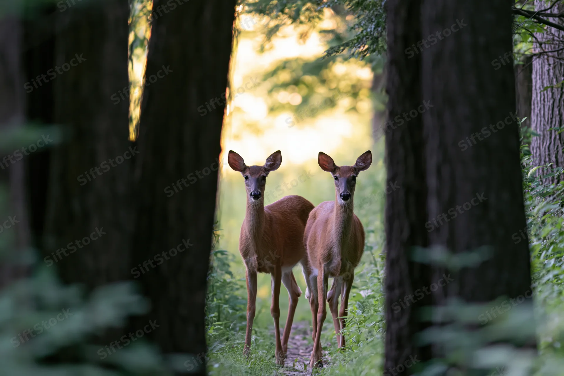 Two white-tailed deer standing alert on a forest path between trees