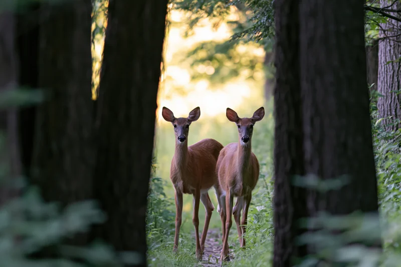 Two white-tailed deer standing alert on a forest path between trees