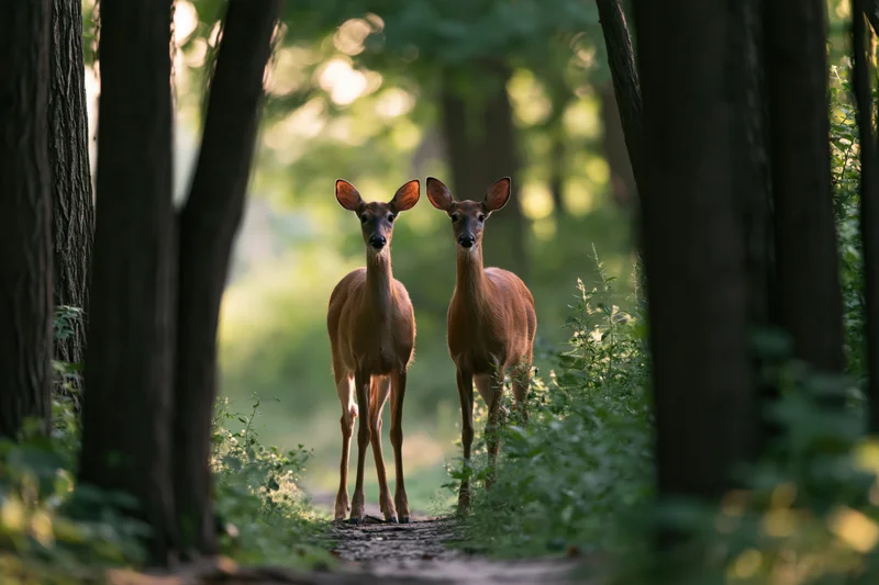 Two white-tailed deer standing alert on a forest path surrounded by trees and green foliage