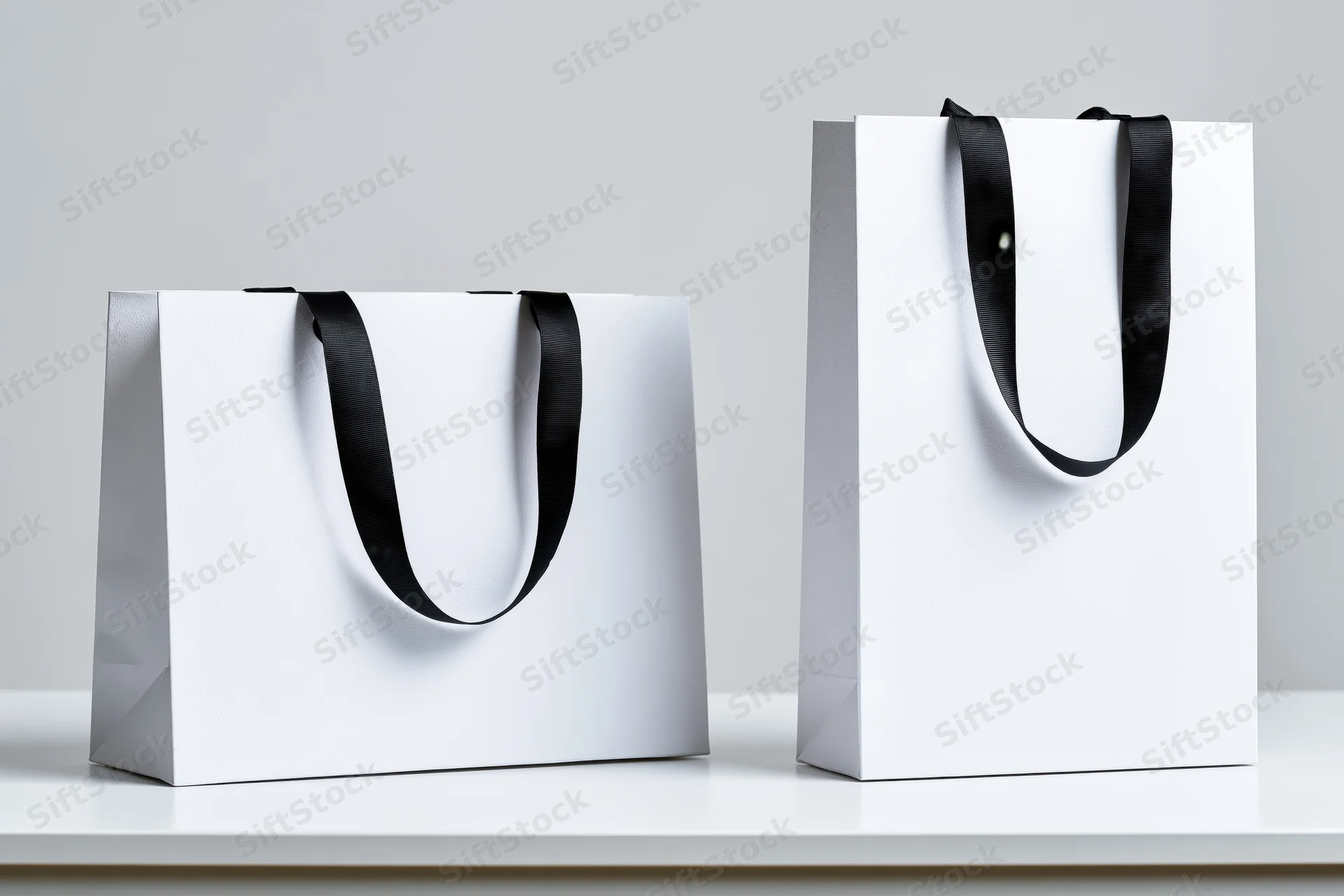 Two white paper shopping bags with black ribbon handles on a white surface