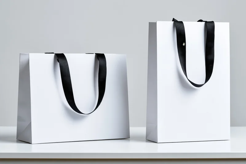 Two white paper shopping bags with black ribbon handles on a white surface