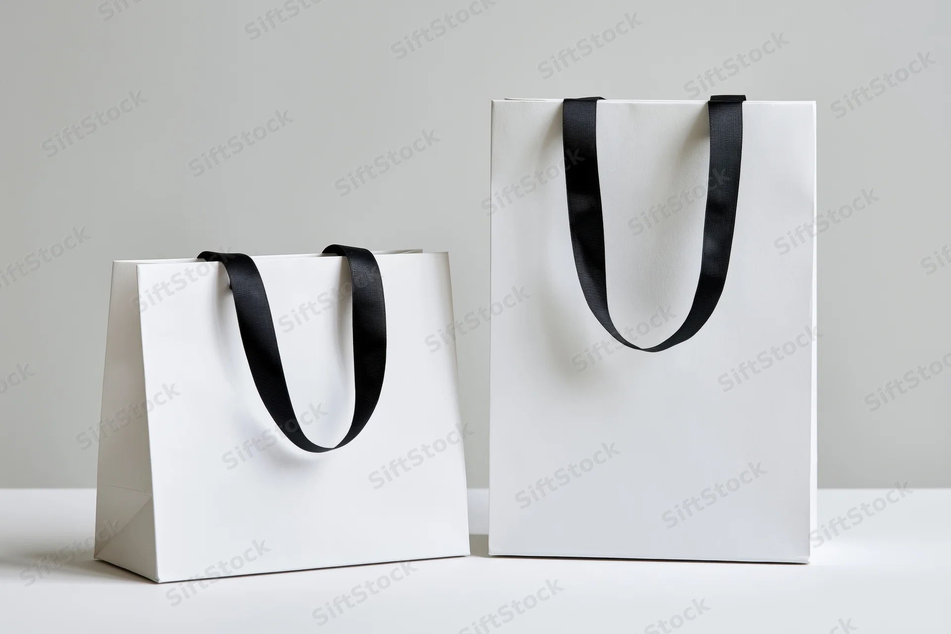 Two white paper shopping bags with black ribbon handles on a white surface