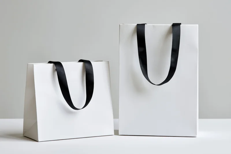 Two white paper shopping bags with black ribbon handles on a white surface