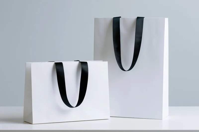 Two white paper shopping bags with black ribbon handles on a white surface