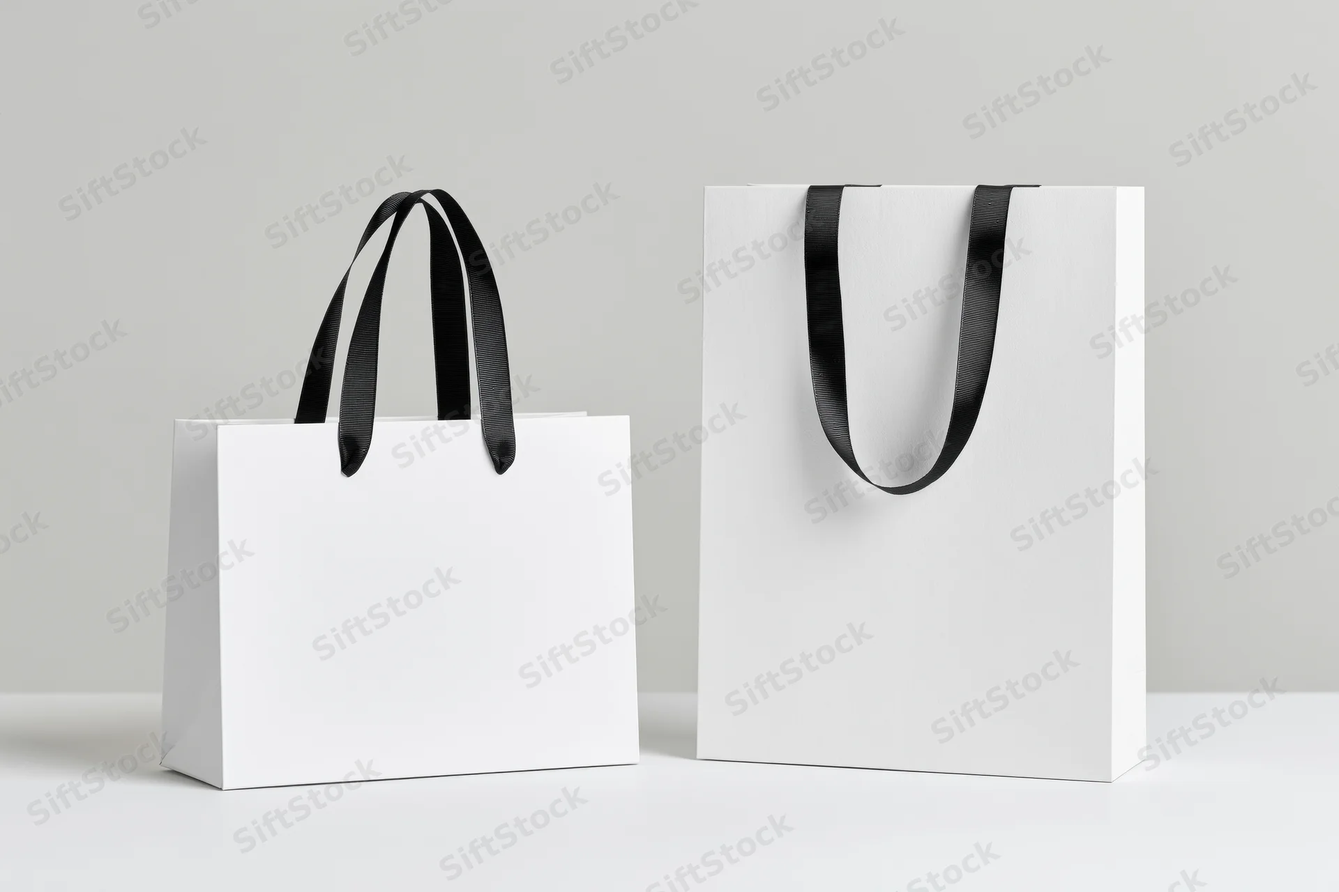 Two white paper shopping bags with black ribbon handles on a plain white surface