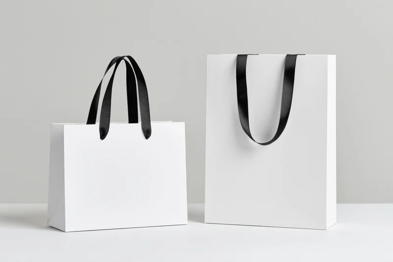 Two white paper shopping bags with black ribbon handles on a plain white surface