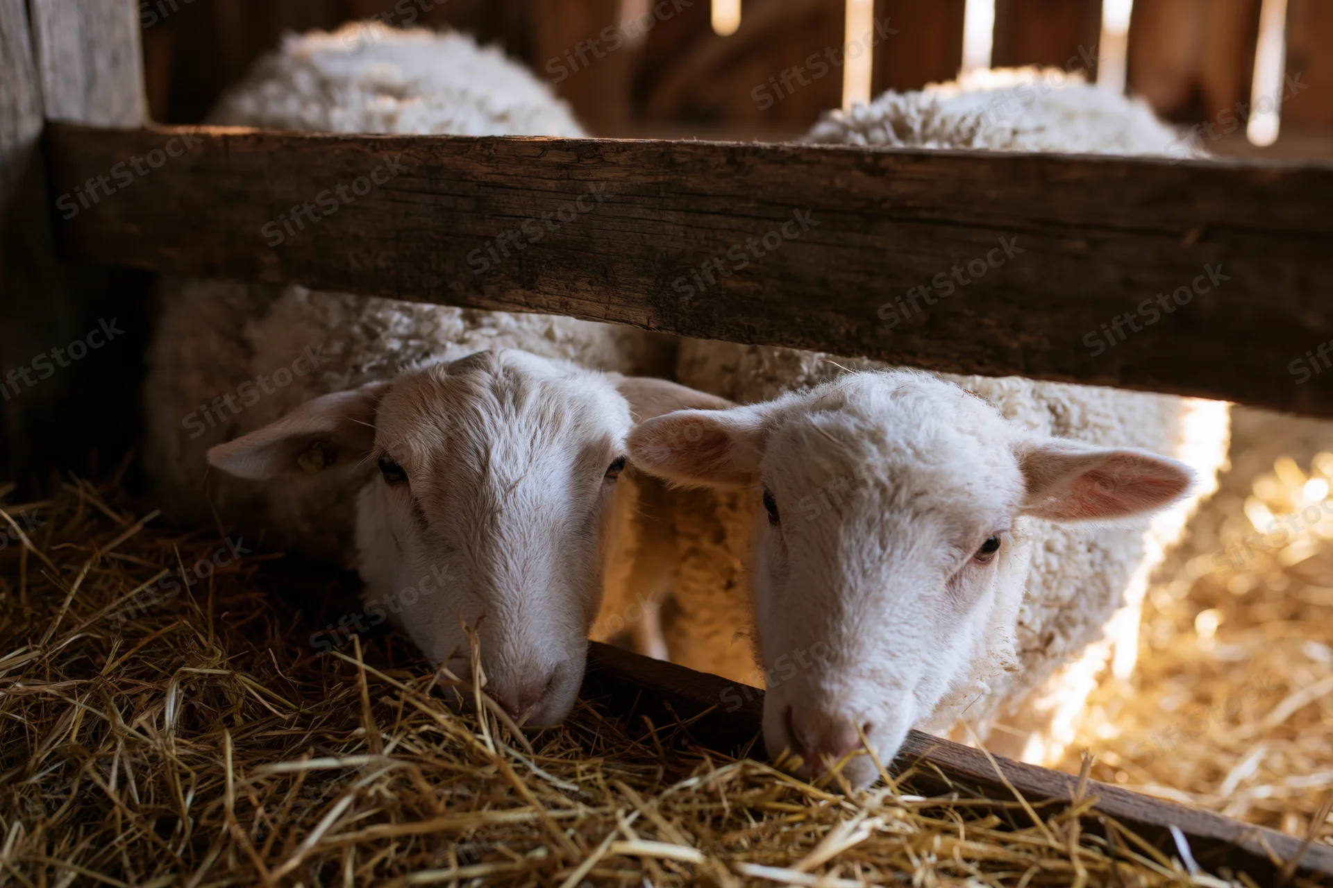 Two white sheep and a lamb resting on hay inside a wooden barn enclosure