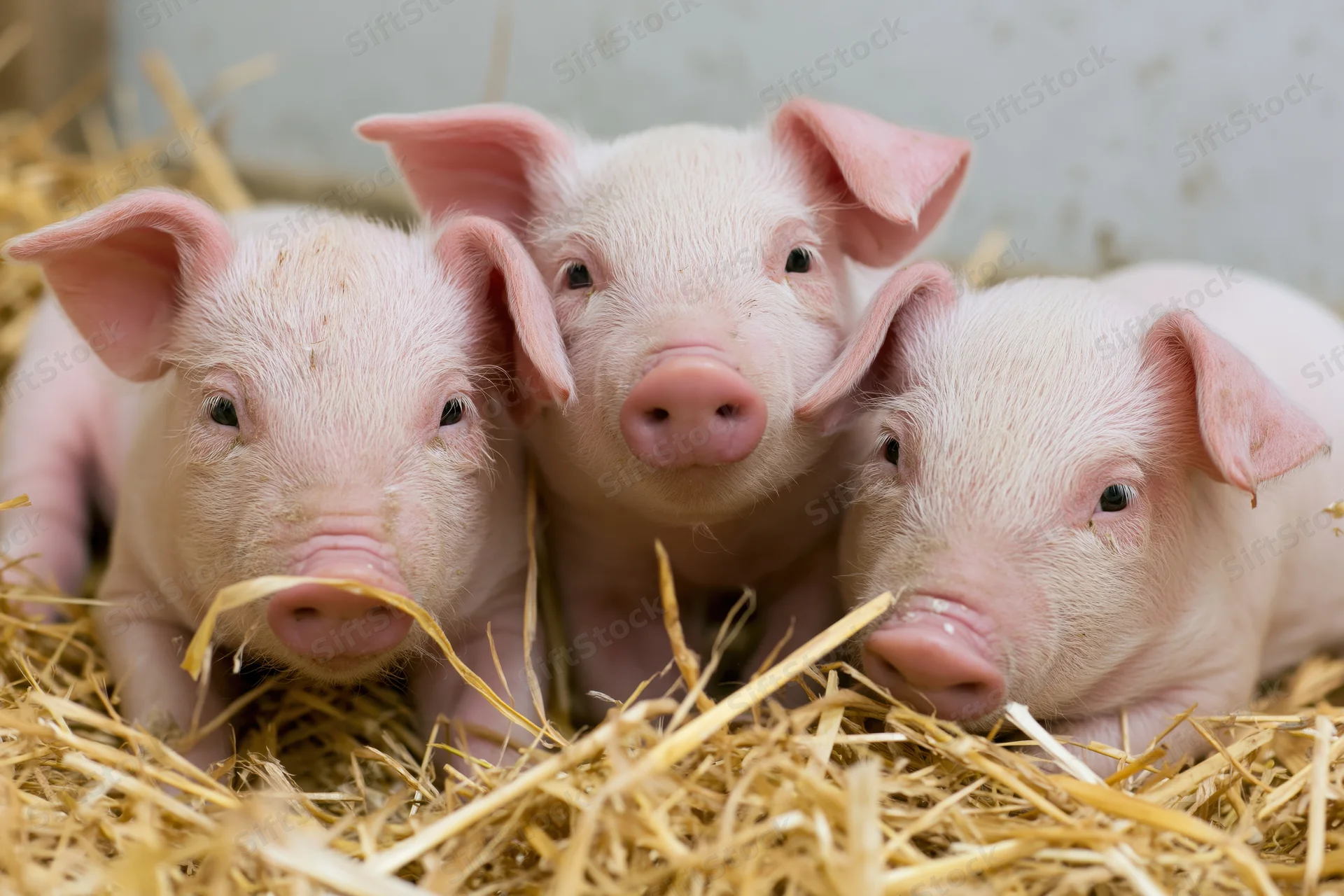 Three young pink piglets resting together in a bed of dry straw