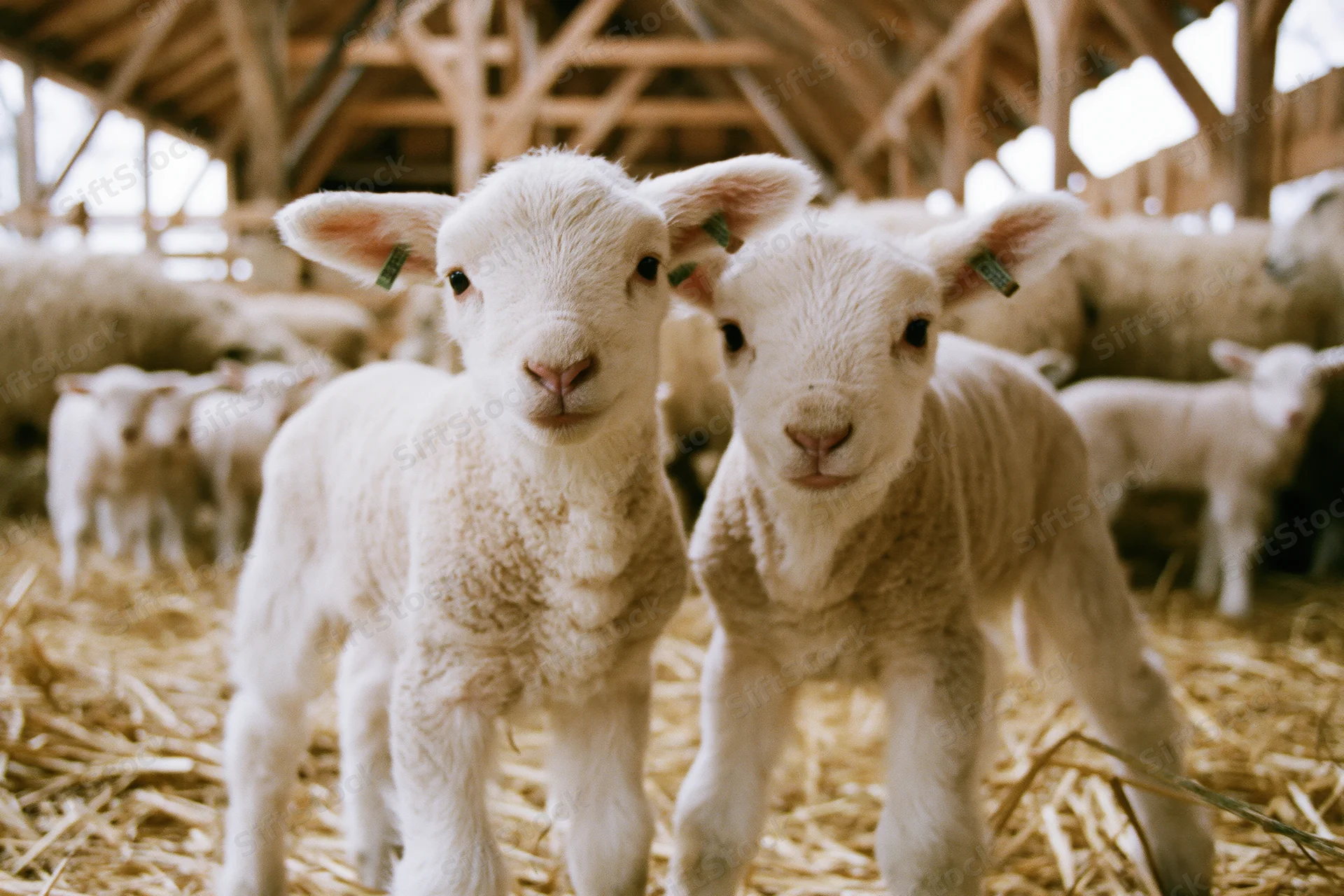 Two young white lambs standing close together on straw in a barn
