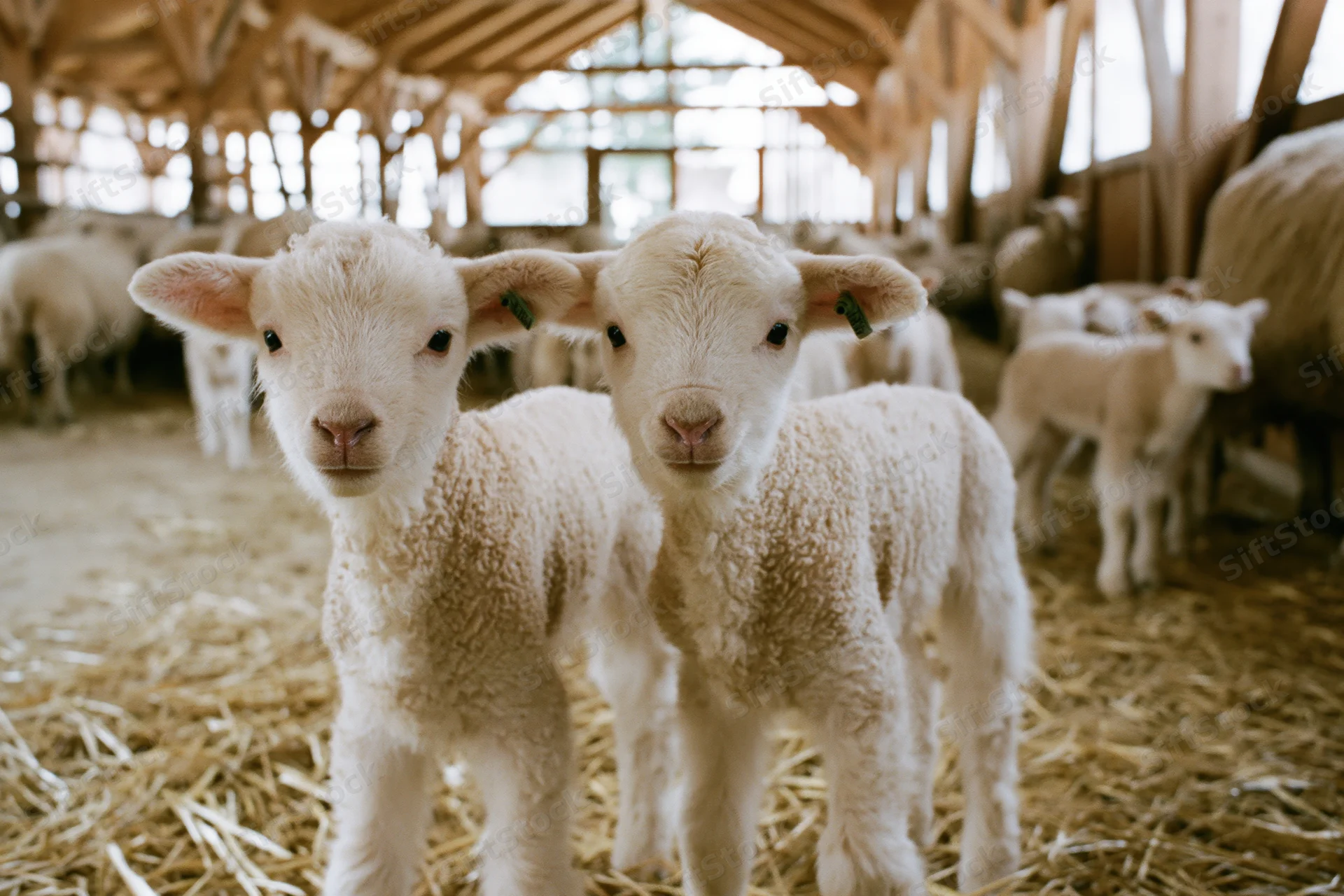 Two young white lambs standing close together in a barn filled with hay and other sheep