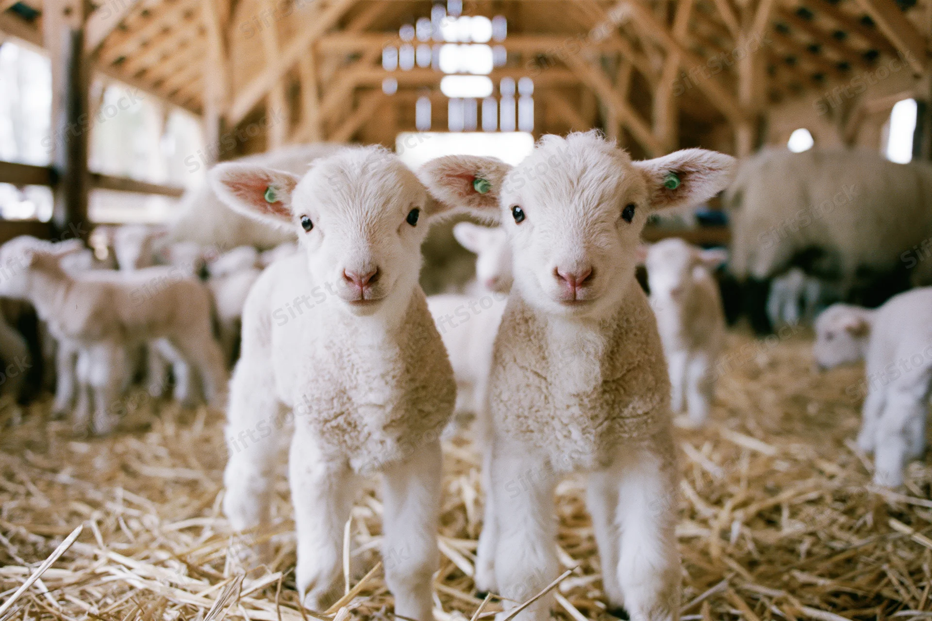 Two young white lambs standing close together in a barn filled with hay and other sheep