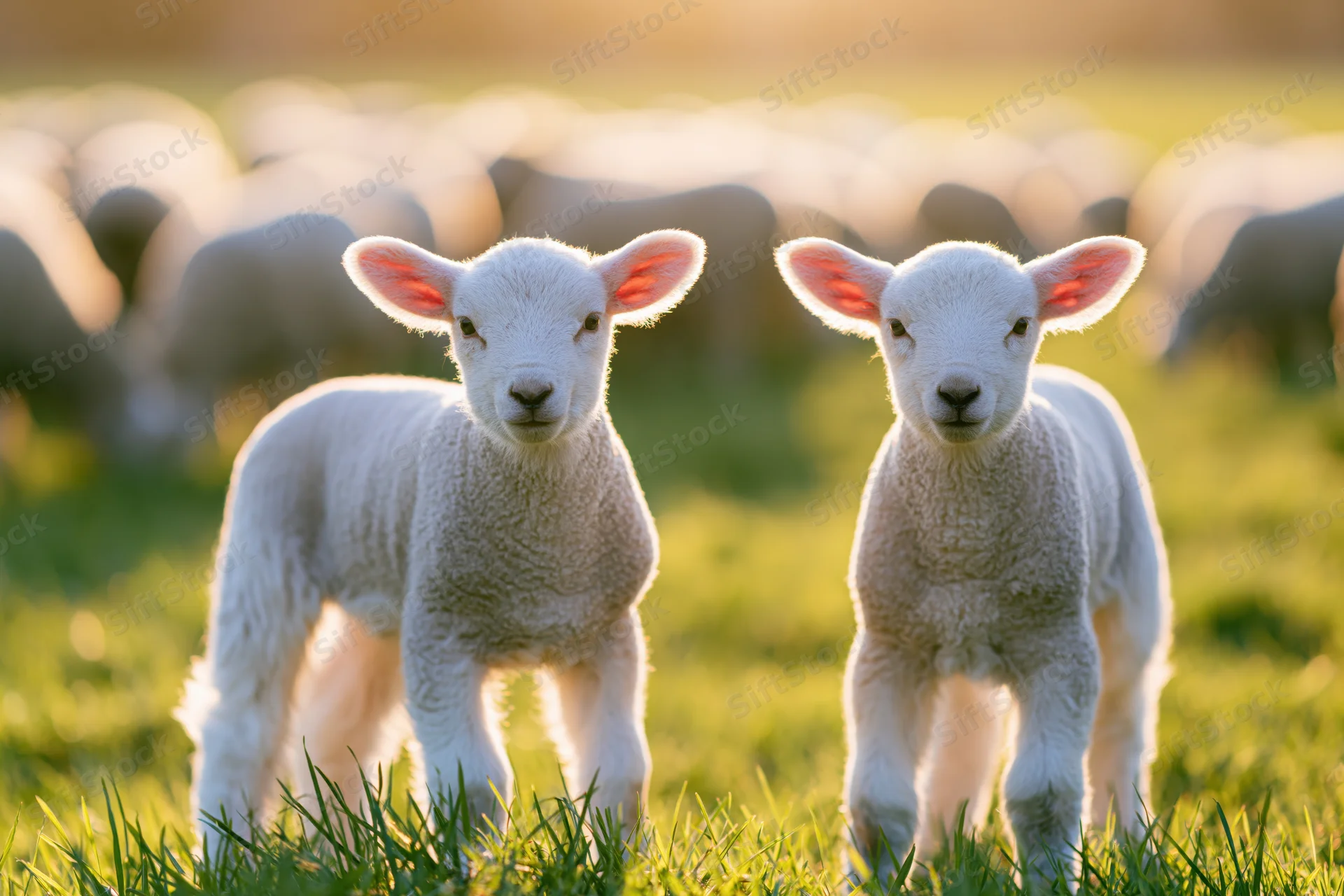 Two young white lambs standing side by side on a green pasture at sunrise