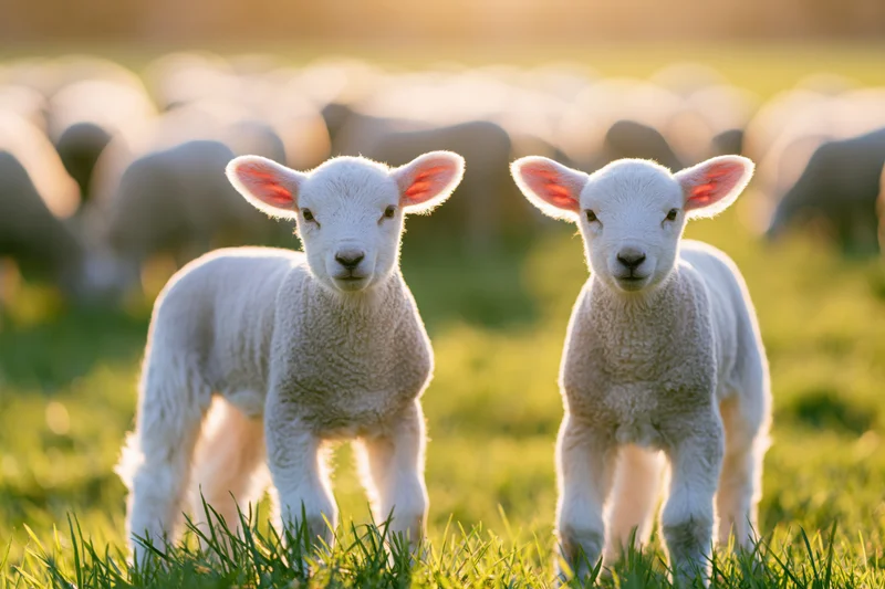 Two young white lambs standing side by side on a green pasture at sunrise