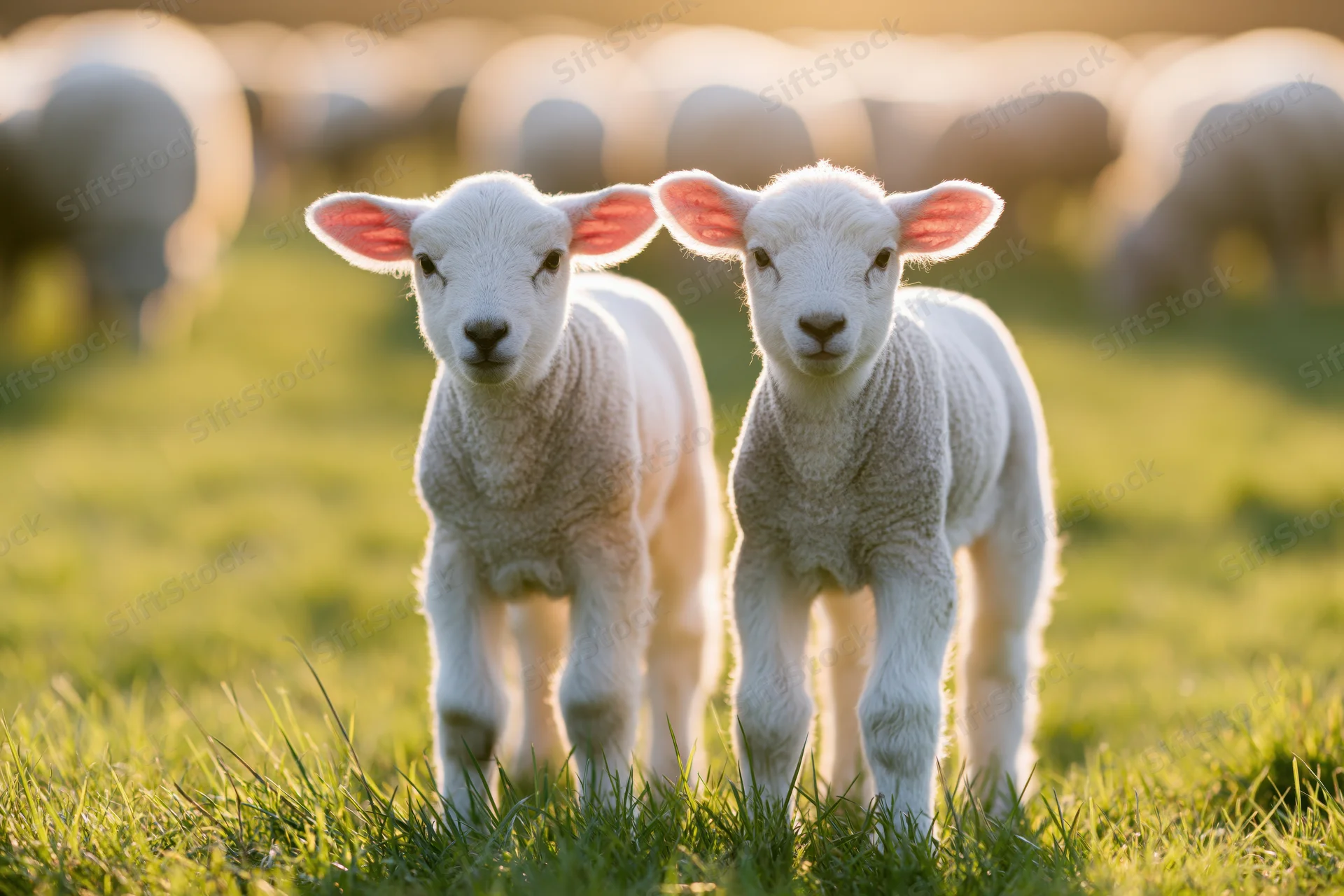 Two young white lambs standing side by side on a bright green pasture in golden hour light