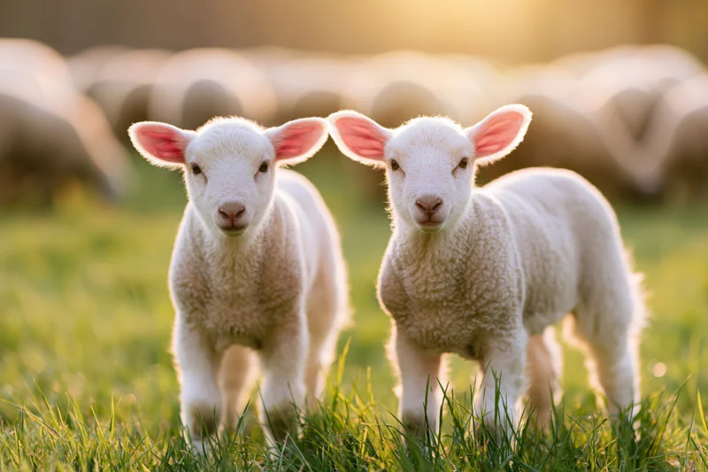 Two young white lambs standing side by side on a green pasture at golden hour