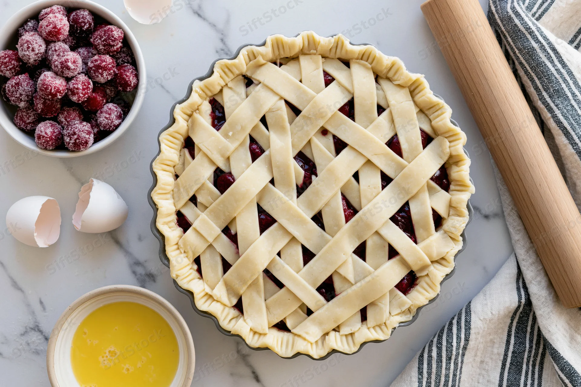 Unbaked cherry pie with lattice crust on marble countertop surrounded by baking ingredients and tools