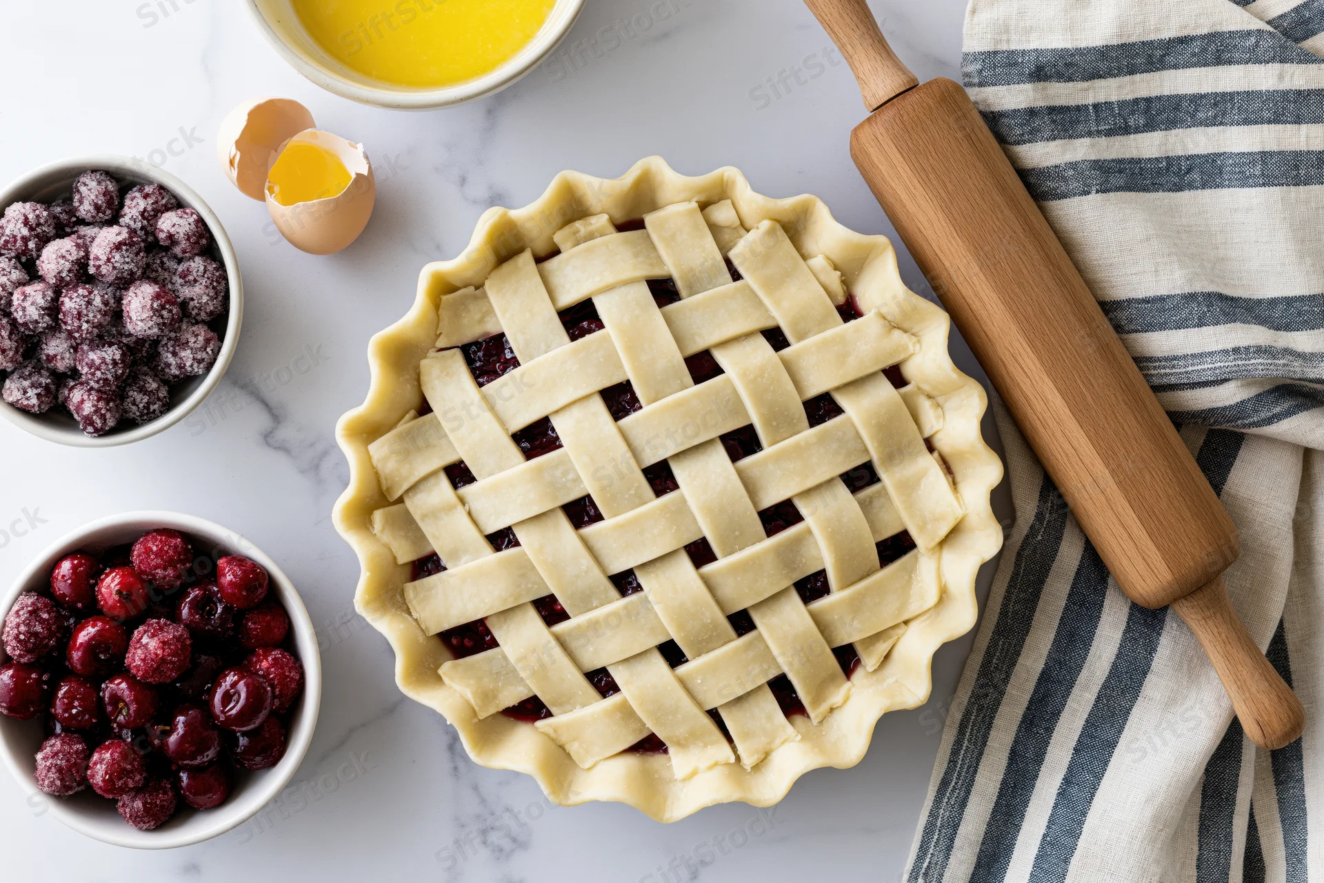 Unbaked cherry pie with lattice crust on marble countertop surrounded by baking tools and ingredients