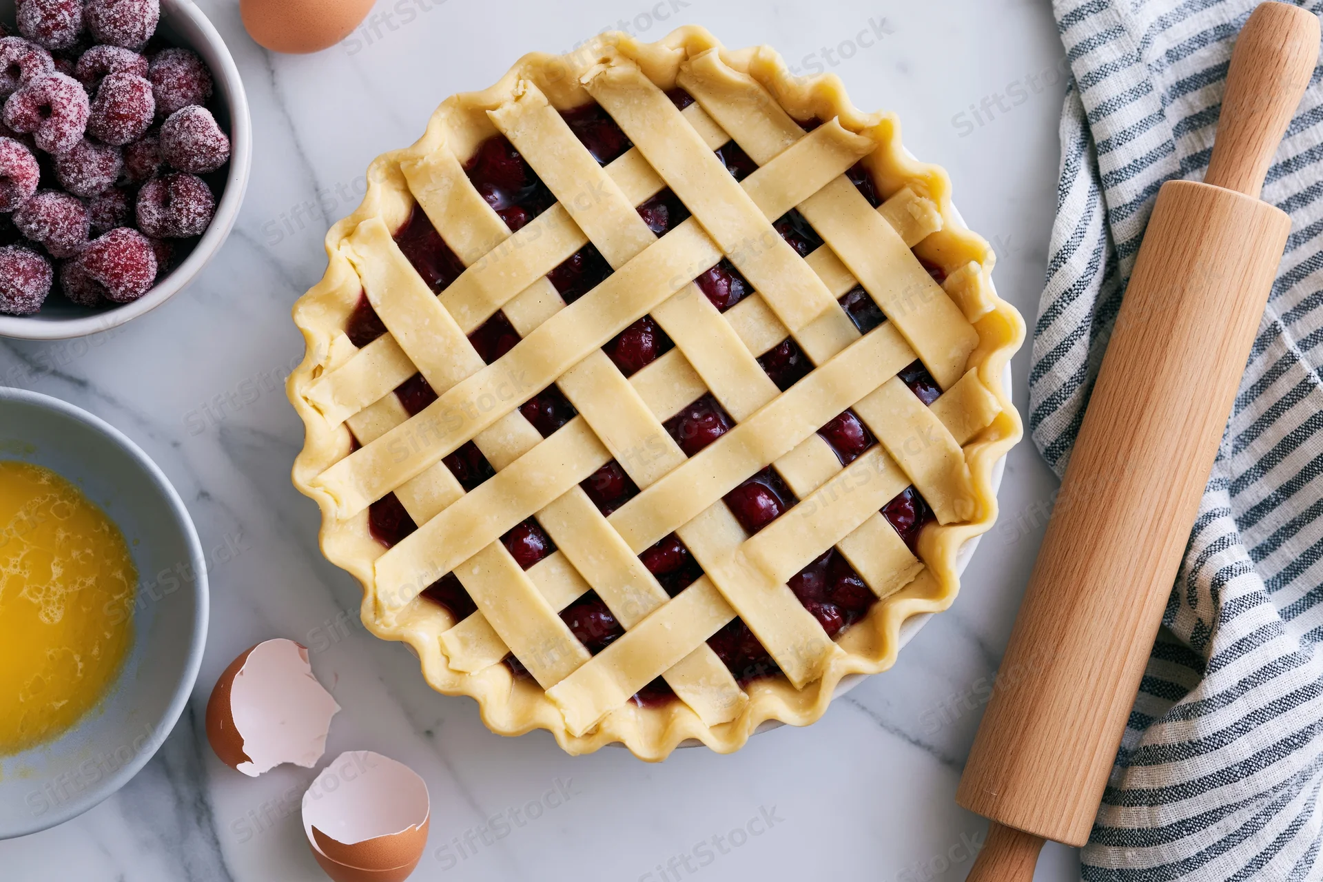 Unbaked cherry pie with lattice crust on marble countertop surrounded by baking tools and ingredients