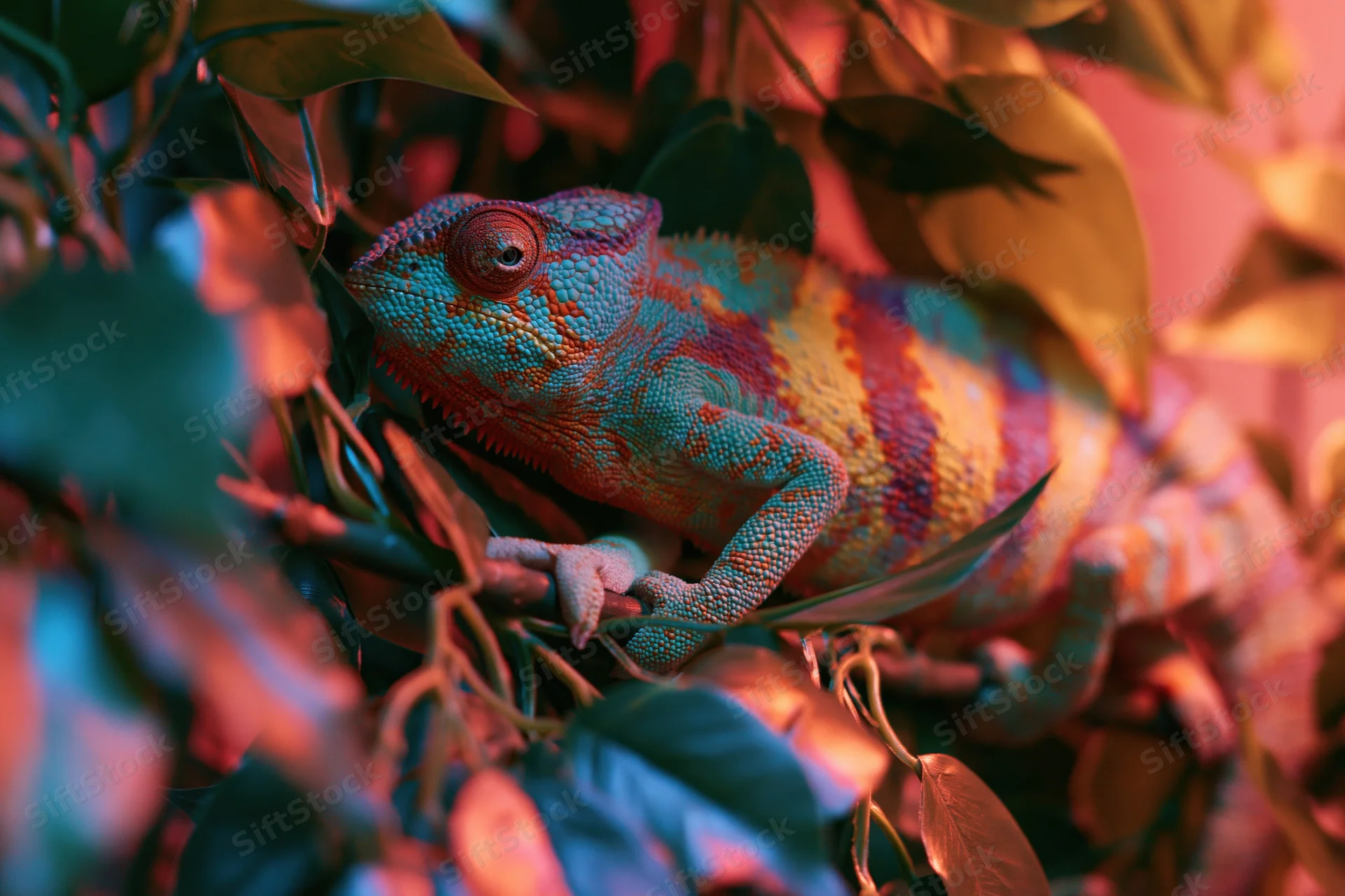 Veiled chameleon perched on a branch among dense tropical foliage