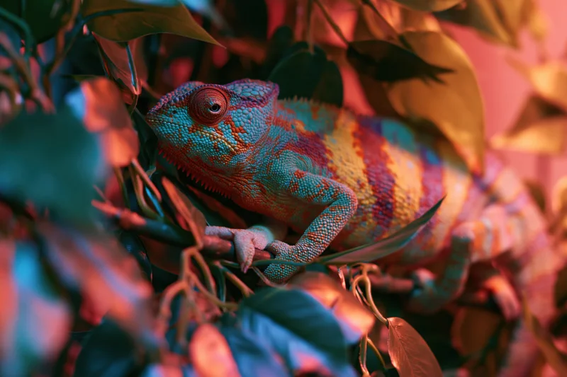 Veiled chameleon perched on a branch among dense tropical foliage