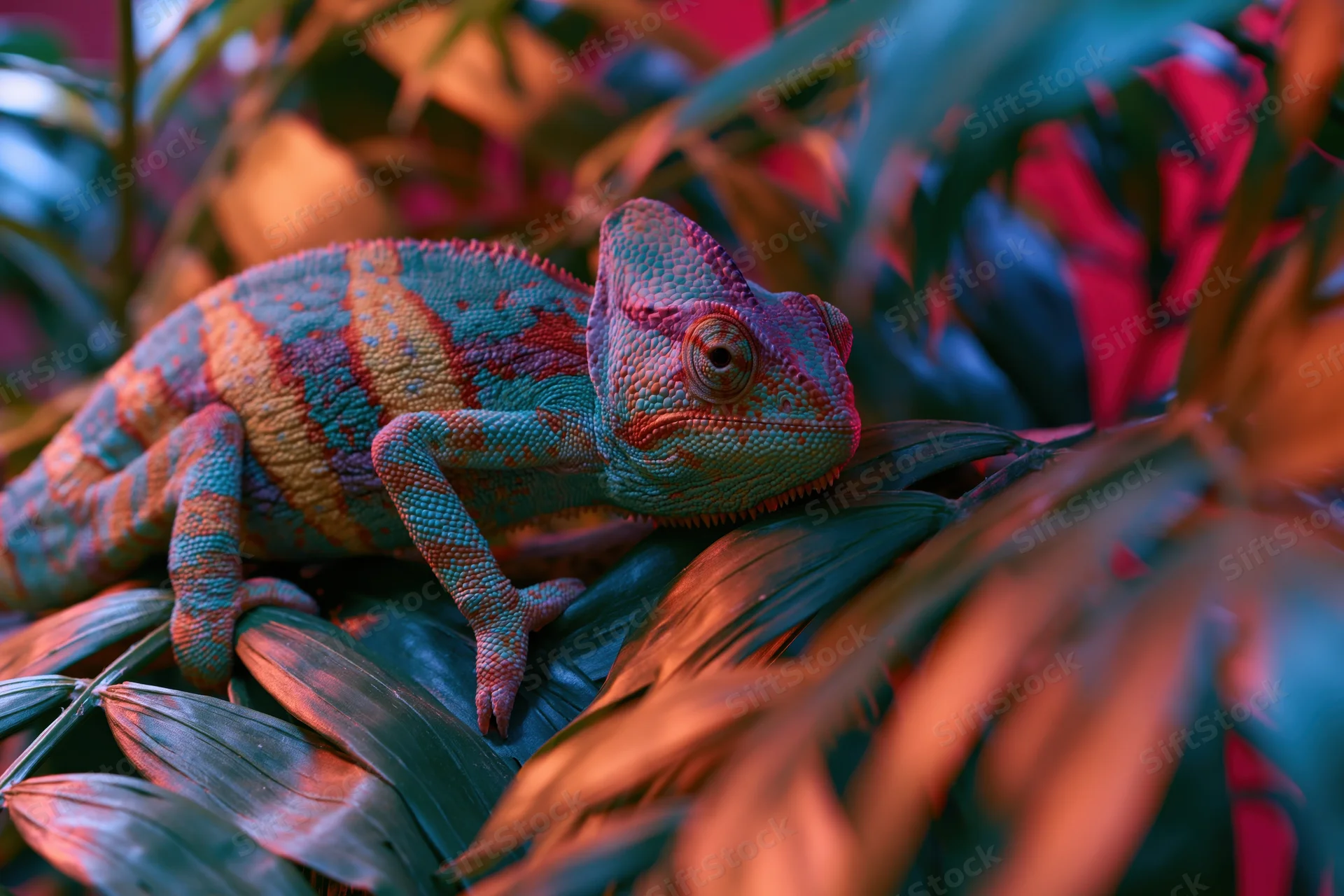 Veiled chameleon resting on a leaf among dense tropical foliage