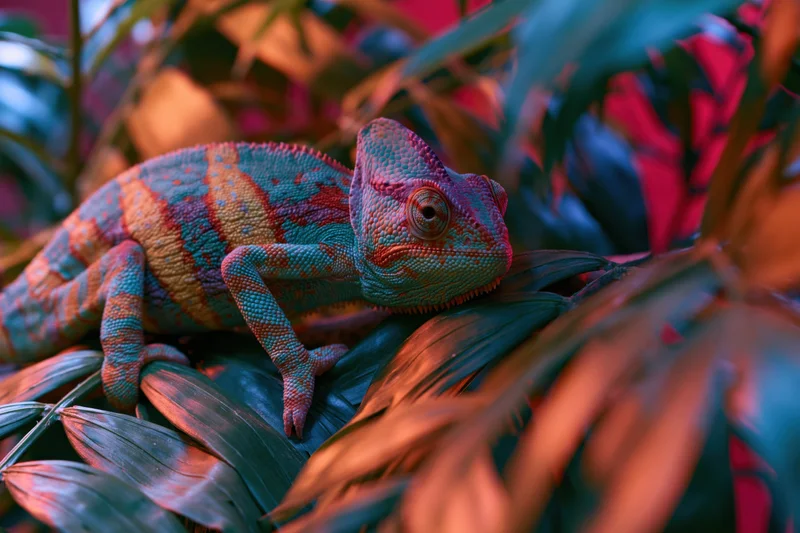 Veiled chameleon resting on a leaf among dense tropical foliage