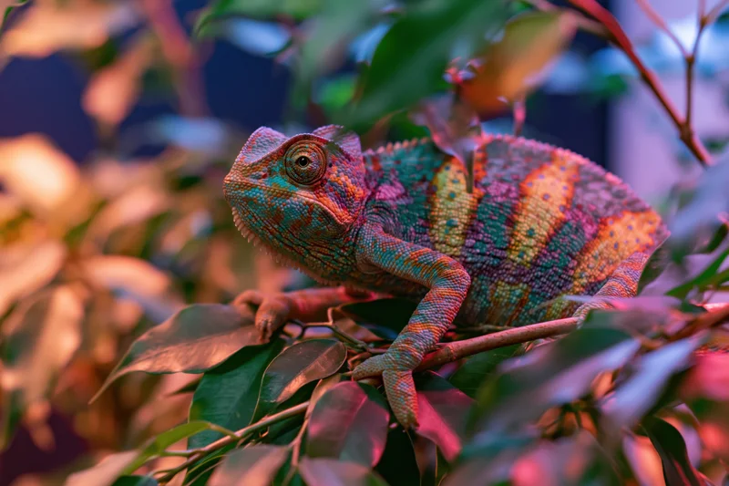 Veiled chameleon perched on a branch among dense tropical leaves