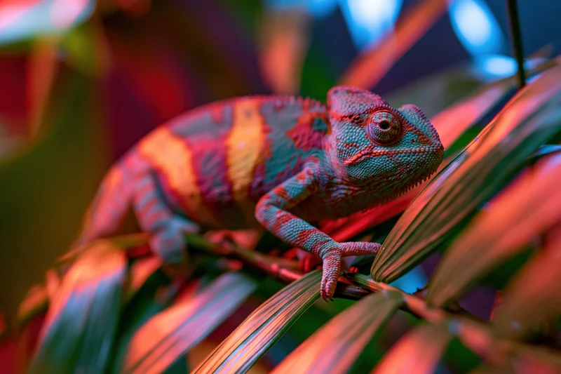 Veiled chameleon perched on a branch among dense tropical foliage