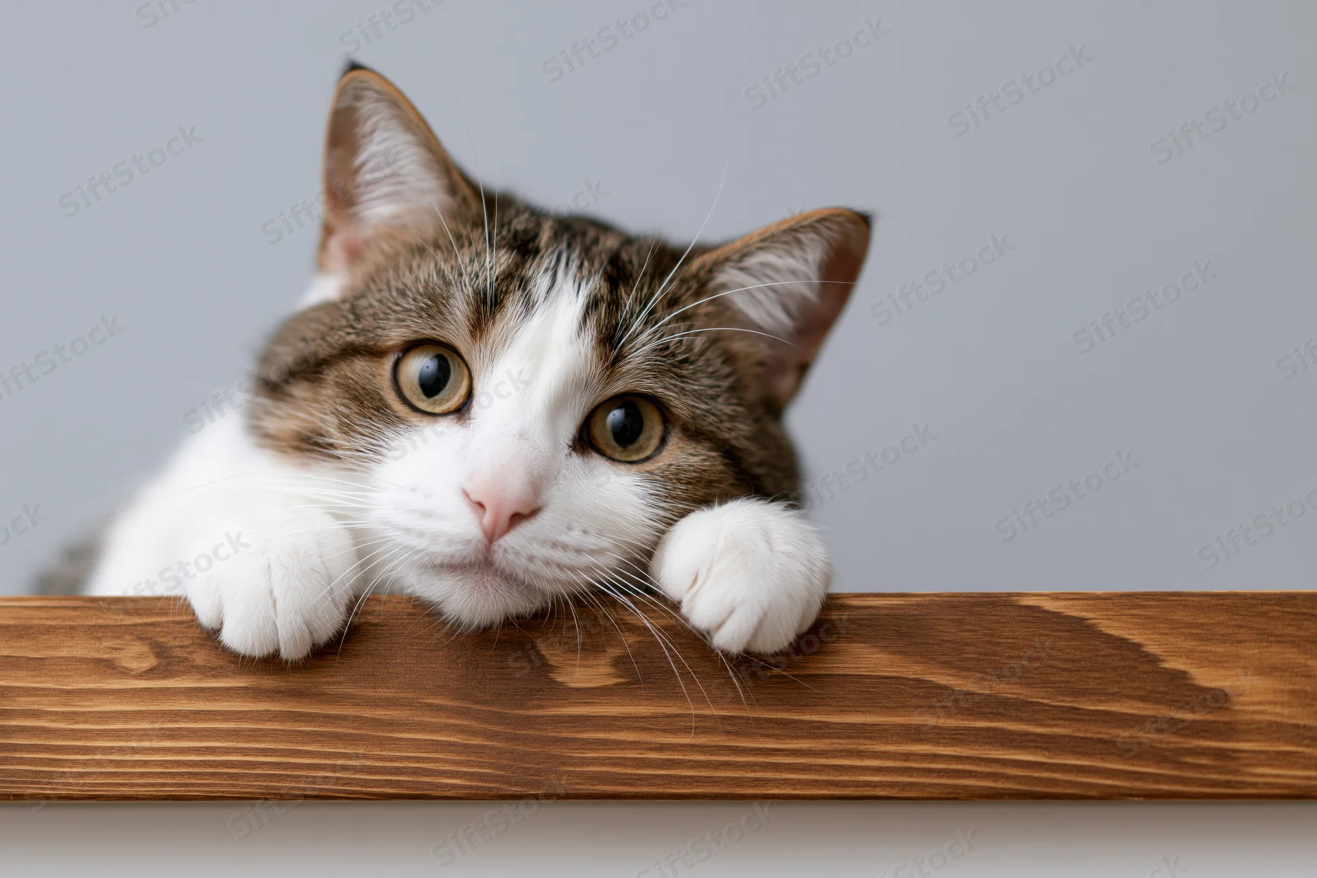 Tabby and white cat resting chin and paws over wooden shelf edge, peeking curiously, studio shot with gray background