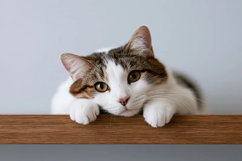 Tabby and white cat resting chin and paws over wooden edge indoors