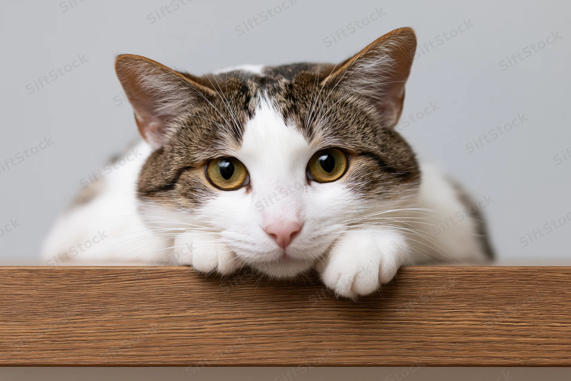 Tabby and white cat resting chin and paws over wooden edge indoors