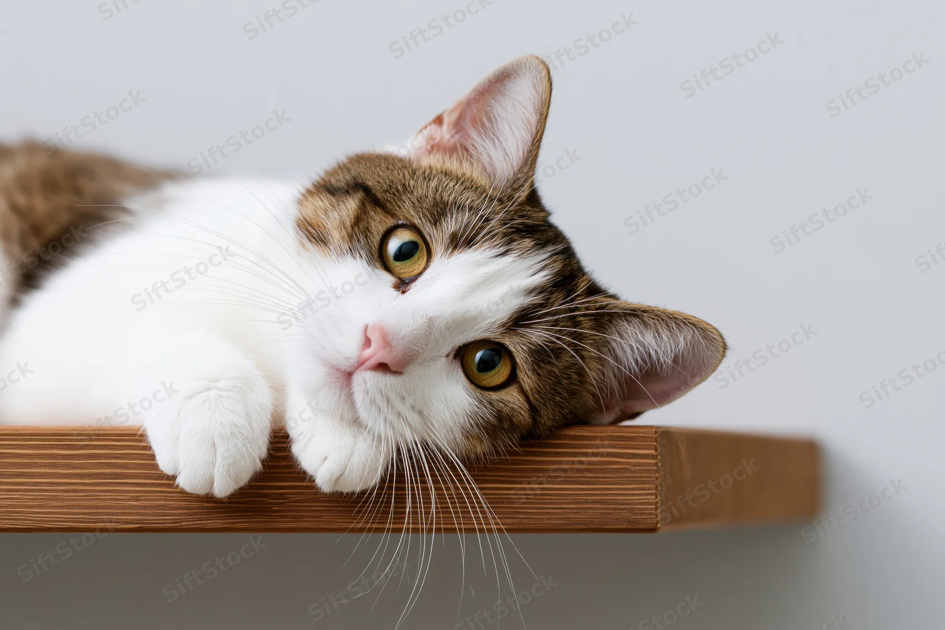 Tabby and white cat resting its chin and paws on a wooden shelf indoors