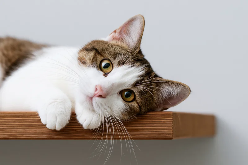 Tabby and white cat resting its chin and paws on a wooden shelf indoors