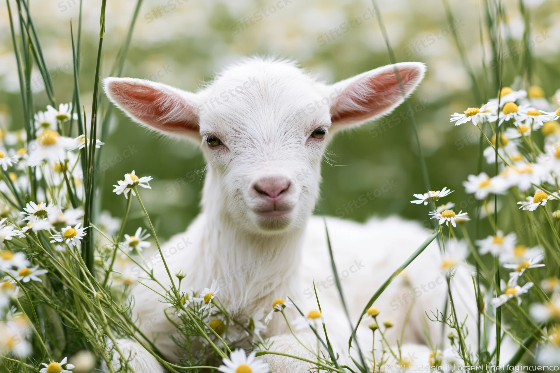 White baby goat resting among chamomile daisies in a grassy field