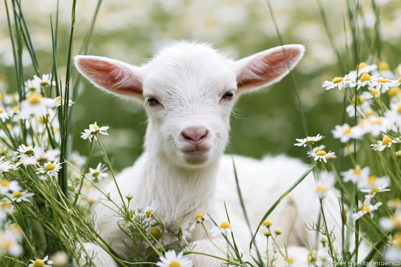 White baby goat resting among chamomile daisies in a grassy field