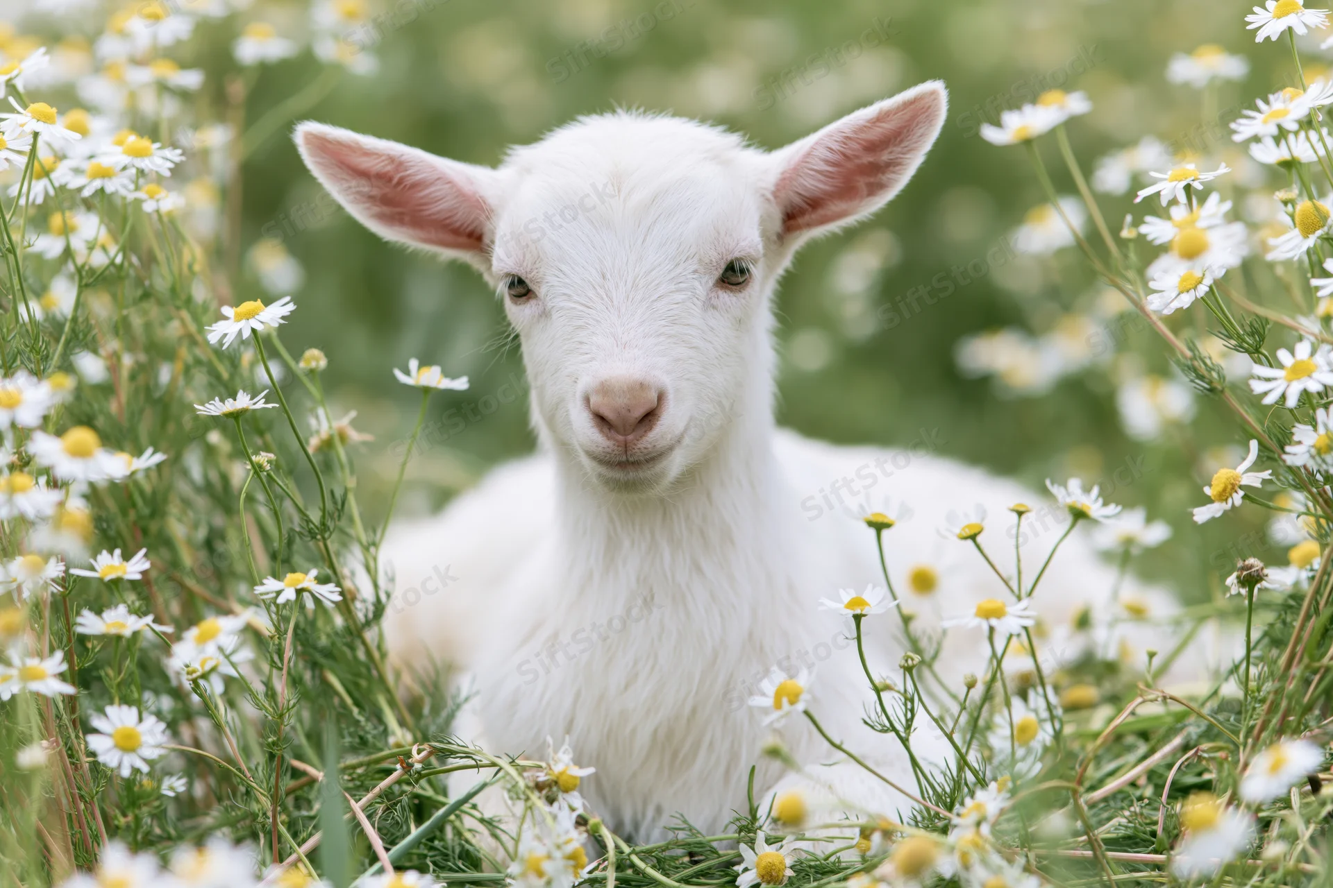 White baby goat resting among wild chamomile daisies in a green field