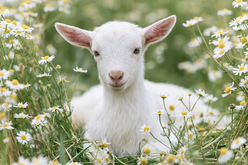 White baby goat resting among wild chamomile daisies in a green field
