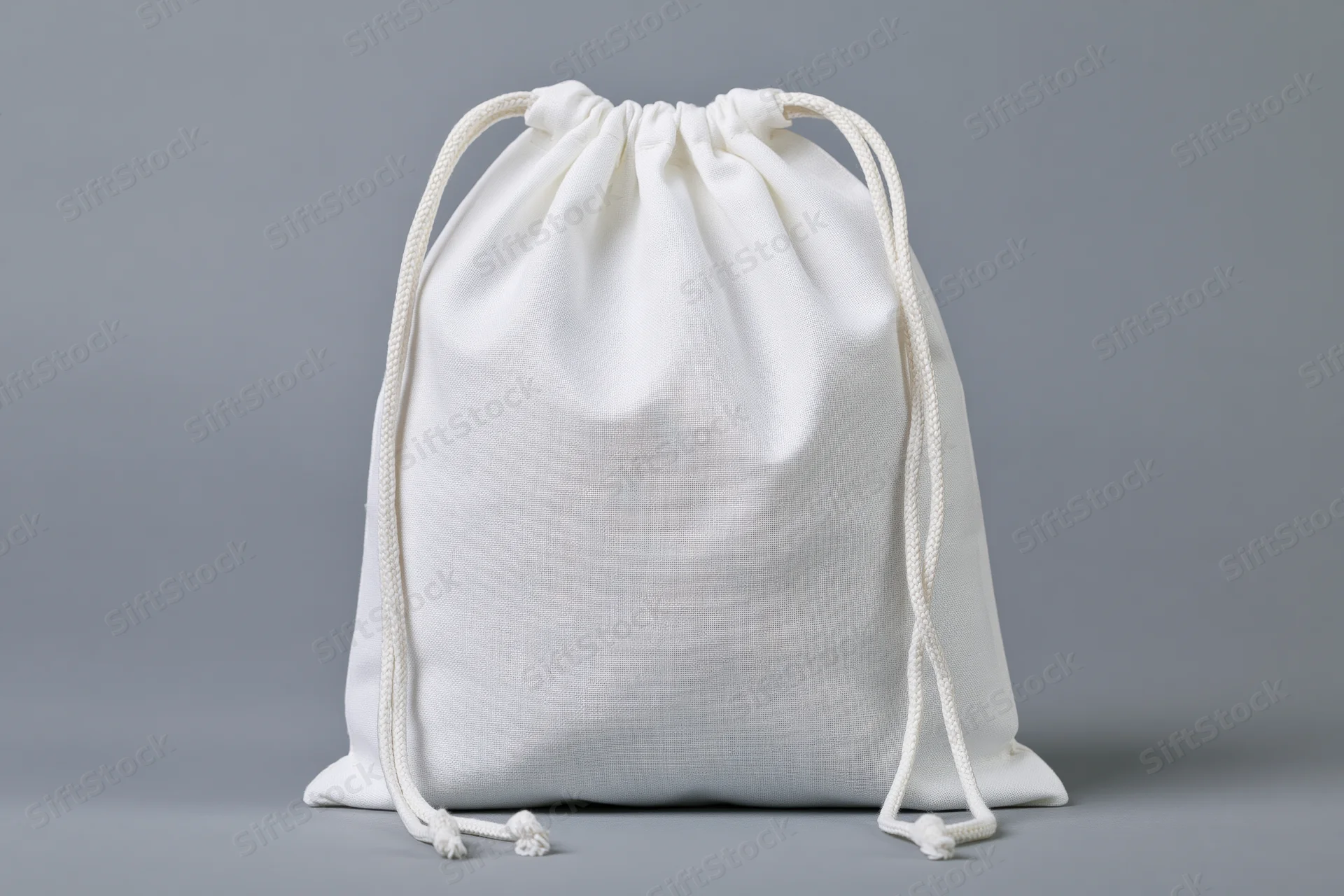 White cotton drawstring bag standing upright on a gray surface