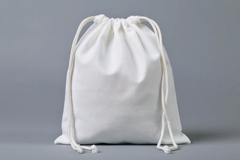 White cotton drawstring bag standing upright on a gray surface