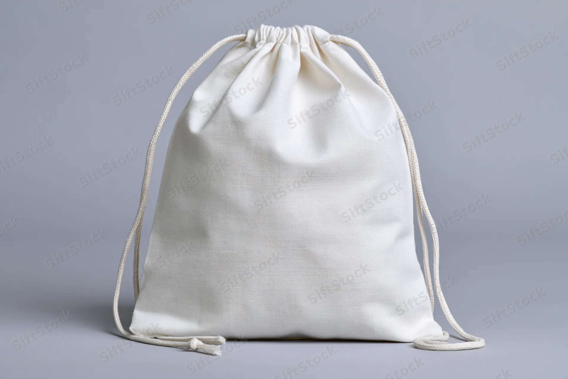 White cotton drawstring bag standing upright on a plain surface